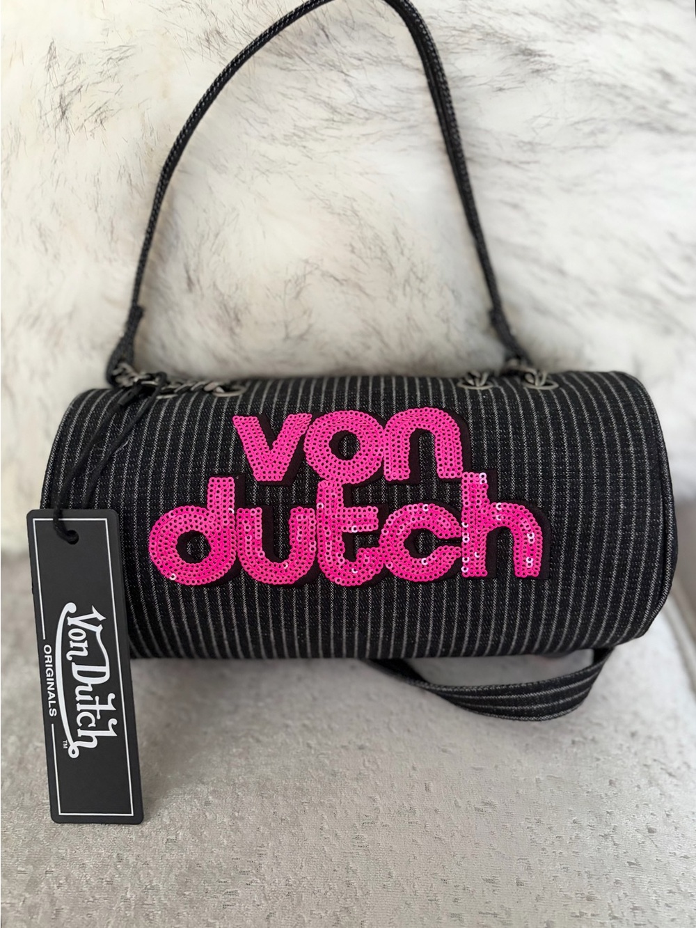 NWT Y2K Von Dutch Black Pinstripe Mini Barrel Bag with Hot Pink Sequin Logo
